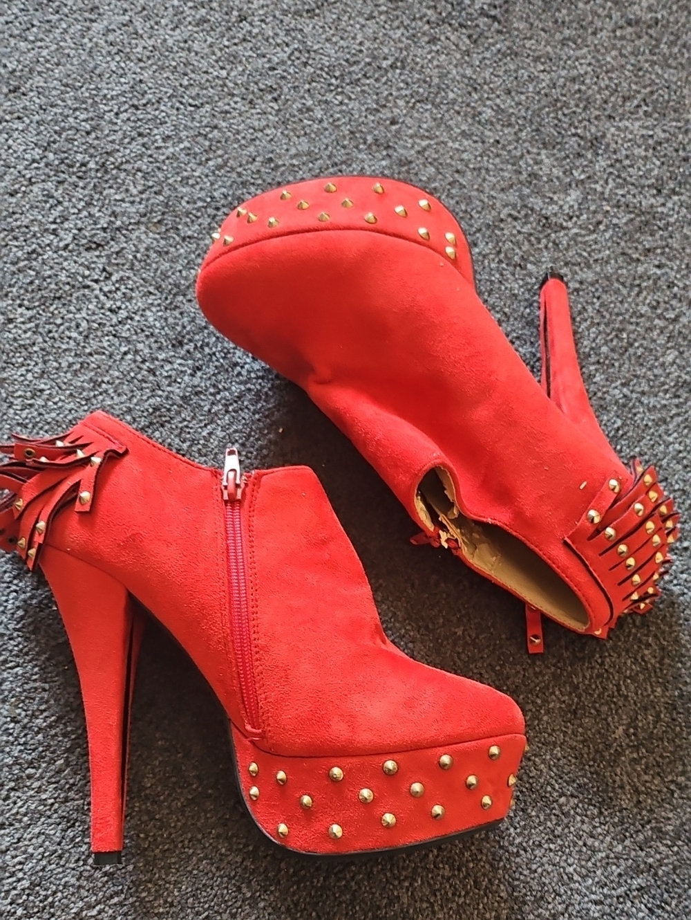 Red Studded Fringe Platform Ankle Heels - Women